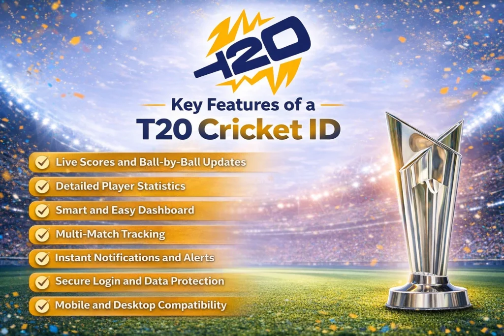 T20 Cricket ID key features banner with live scores, player stats, dashboard, and cricket trophy stadium background