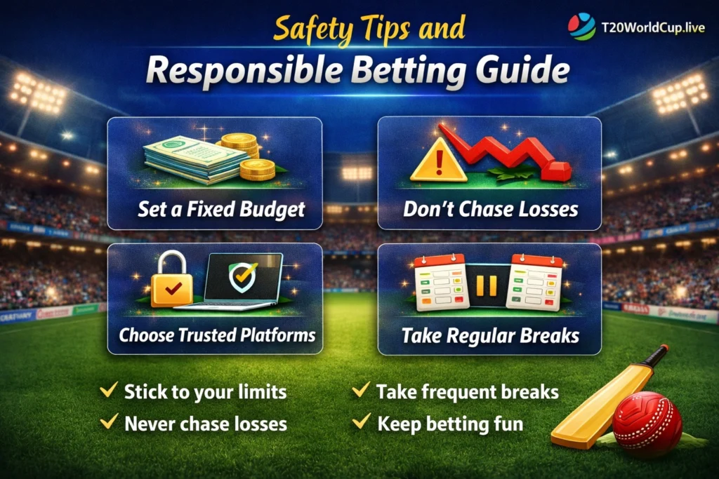 Cricket betting safety tips and responsible betting guide infographic with budget control and secure platform advice