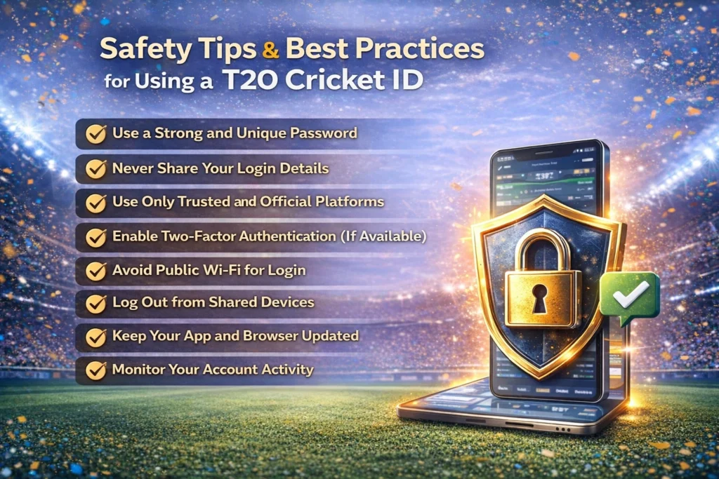 T20 Cricket ID safety tips banner showing secure login, password protection and best practices with cricket stadium background