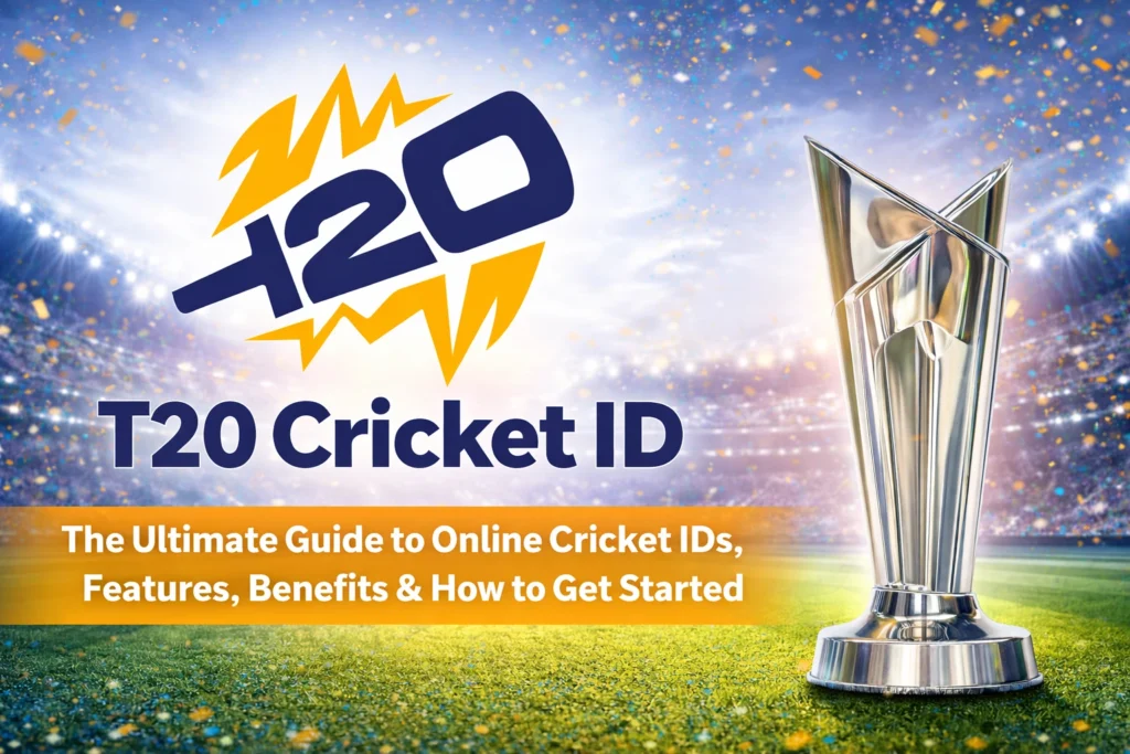 T20 Cricket ID banner with cricket trophy, stadium background and live scores online cricket platform