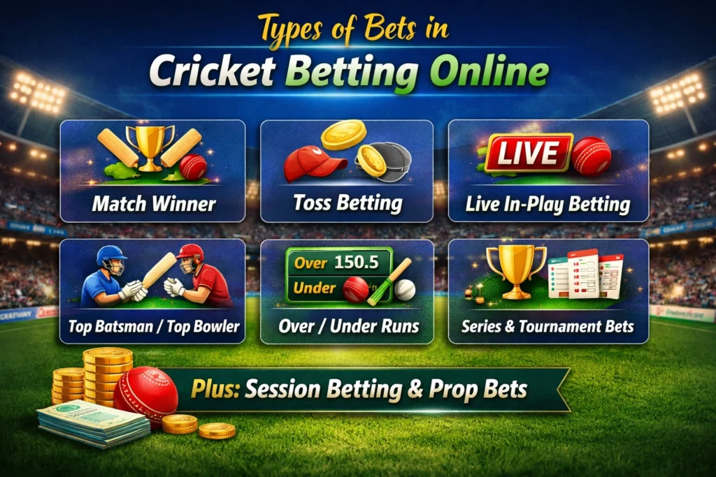 Types of bets in cricket betting online infographic showing match winner, toss betting, live betting and over under runs