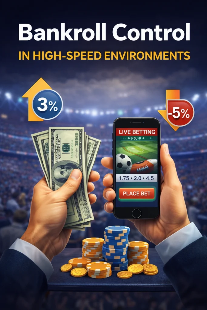 Bankroll control in live sports betting showing smartphone betting app, cash, poker chips, and percentage risk indicators in stadium background