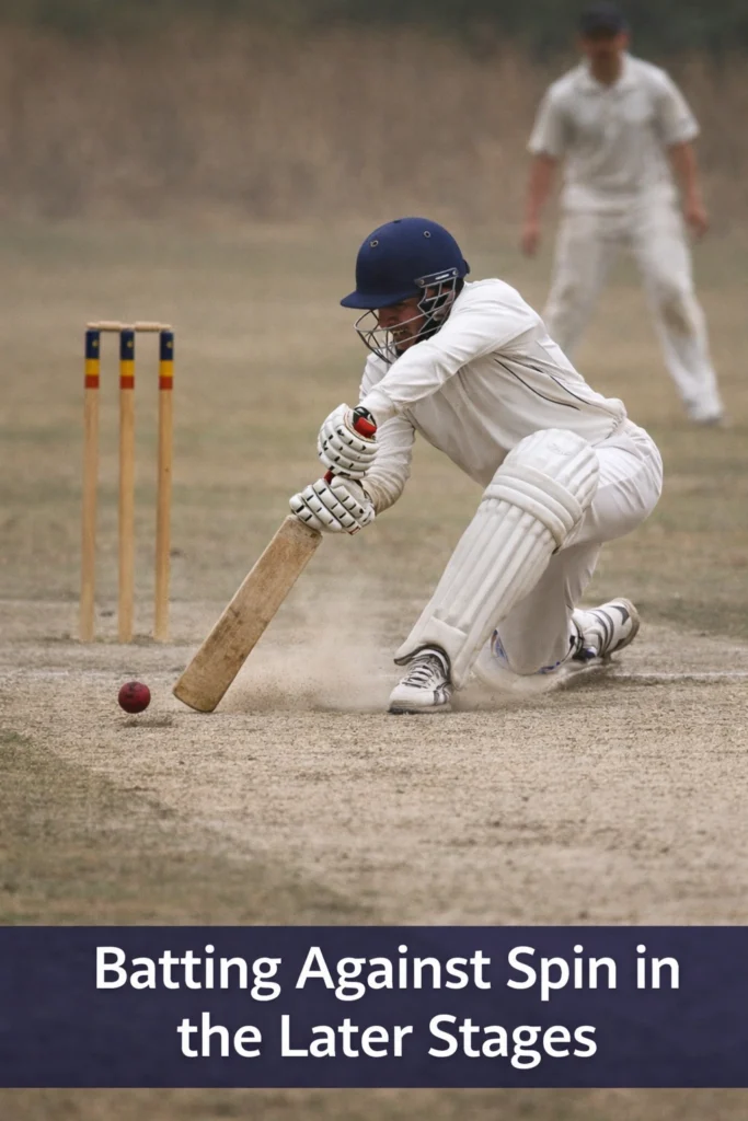 Cricket batsman playing sweep shot against spin bowling on rough pitch in later stages of match