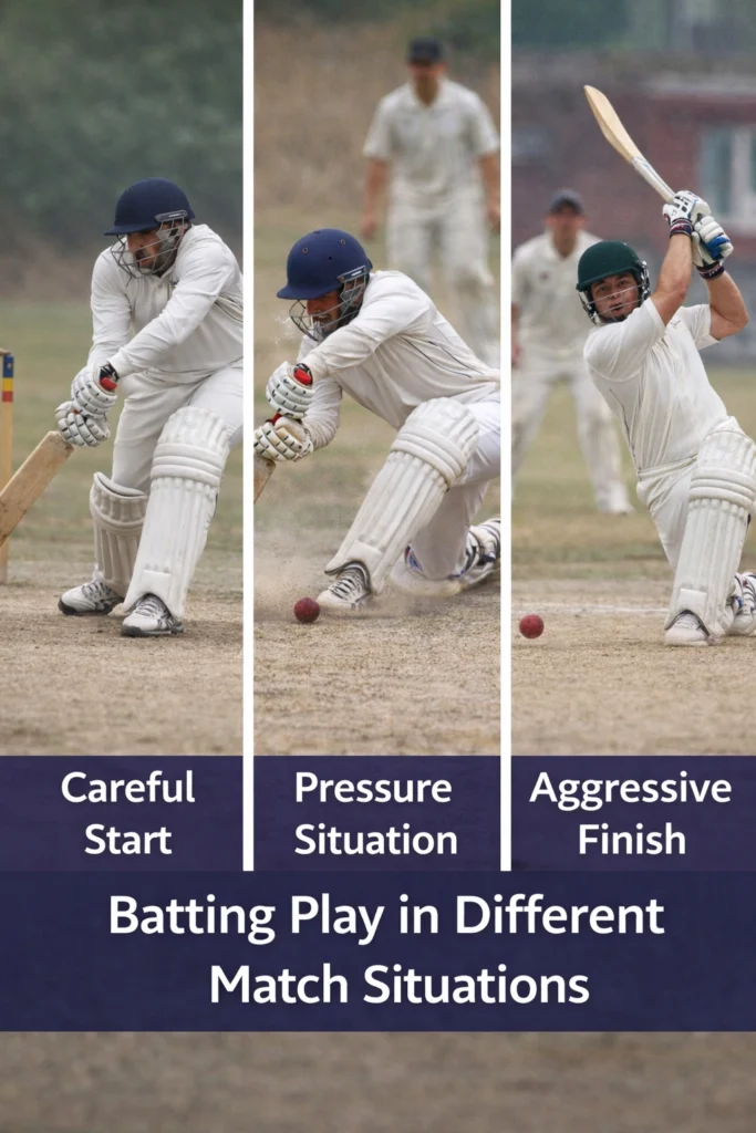 Cricket batting play in different match situations showing defensive start pressure play and aggressive finish
