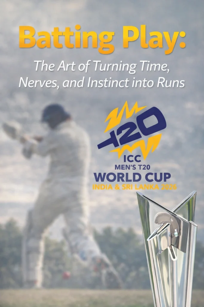 Batting Play The Art of Turning Time Nerves and Instinct into Runs with T20 World Cup 2026 logo and cricket trophy