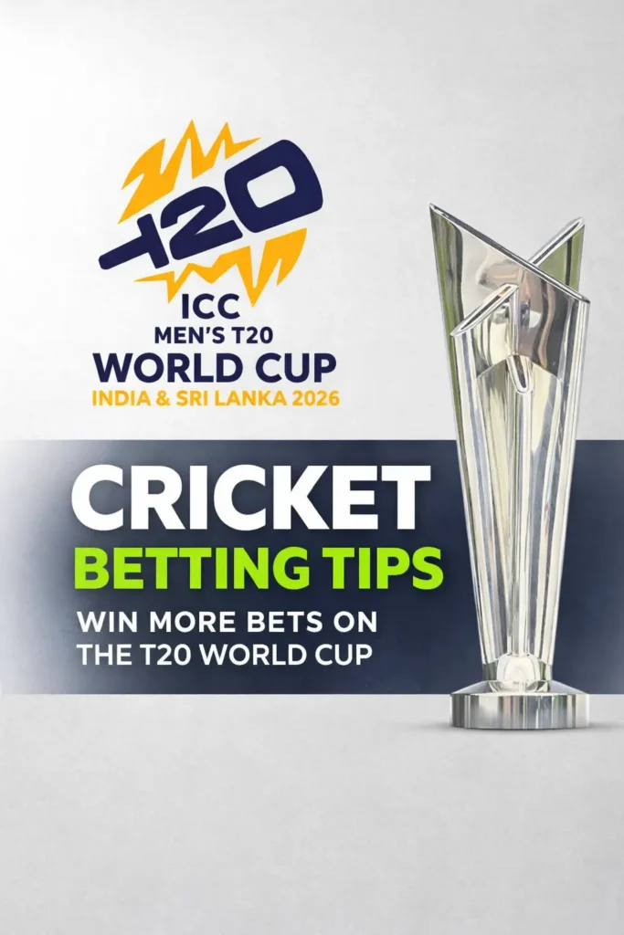 Cricket betting tips guide banner with T20 trophy and world cup betting strategies