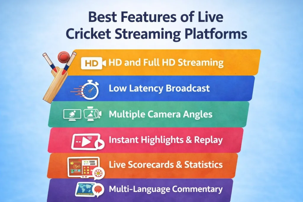 Best features of live cricket streaming platforms including HD streaming, low latency, multiple camera angles and live scorecards