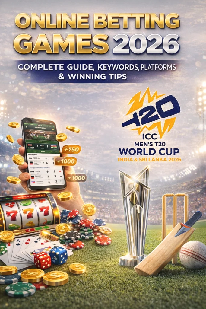 Online betting games 2026 illustration showing sports betting app, casino slots, poker chips, live betting interface and cricket stadium theme