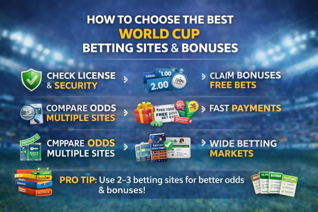 Best World Cup betting sites and bonuses infographic showing license check, free bets, odds comparison, fast payouts and betting markets
