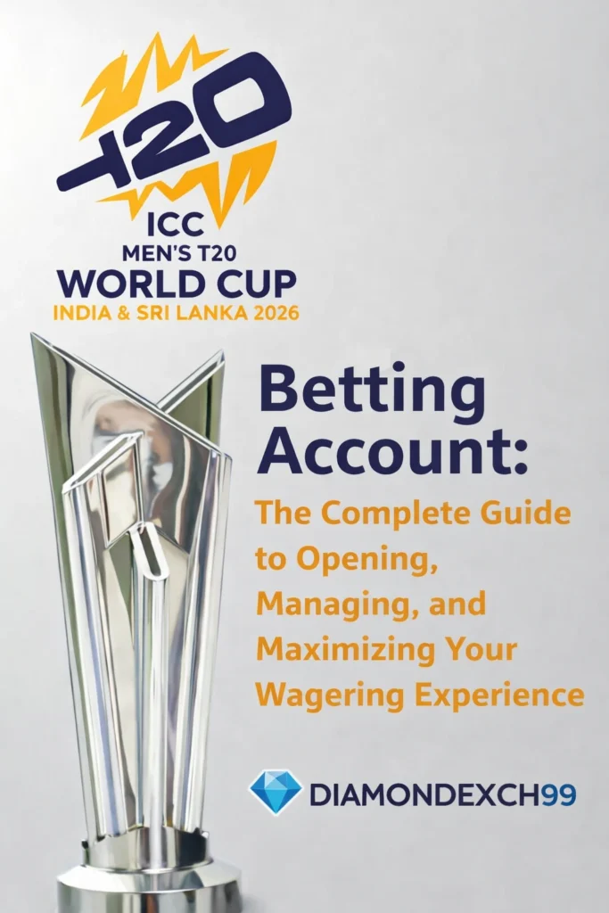 Betting Account complete guide banner with ICC Men’s T20 World Cup 2026 trophy and DiamondExch99 logo