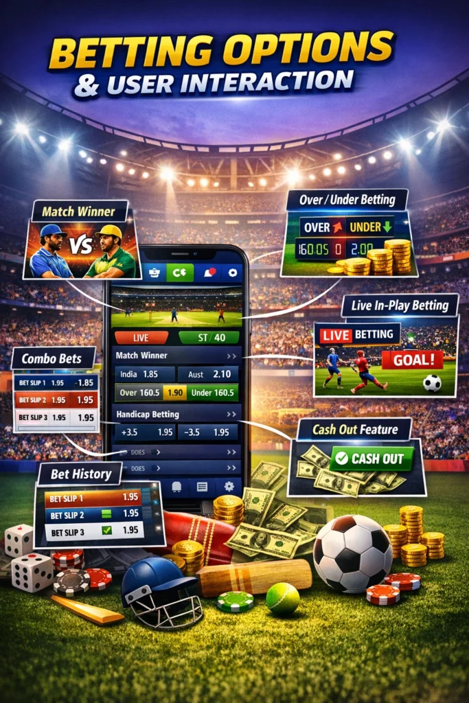 Sports betting app interface showing betting options, live in-play betting, match winner, combo bets and cash out feature