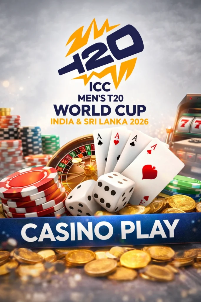 Casino play promotional banner with gaming logo and trophy style design