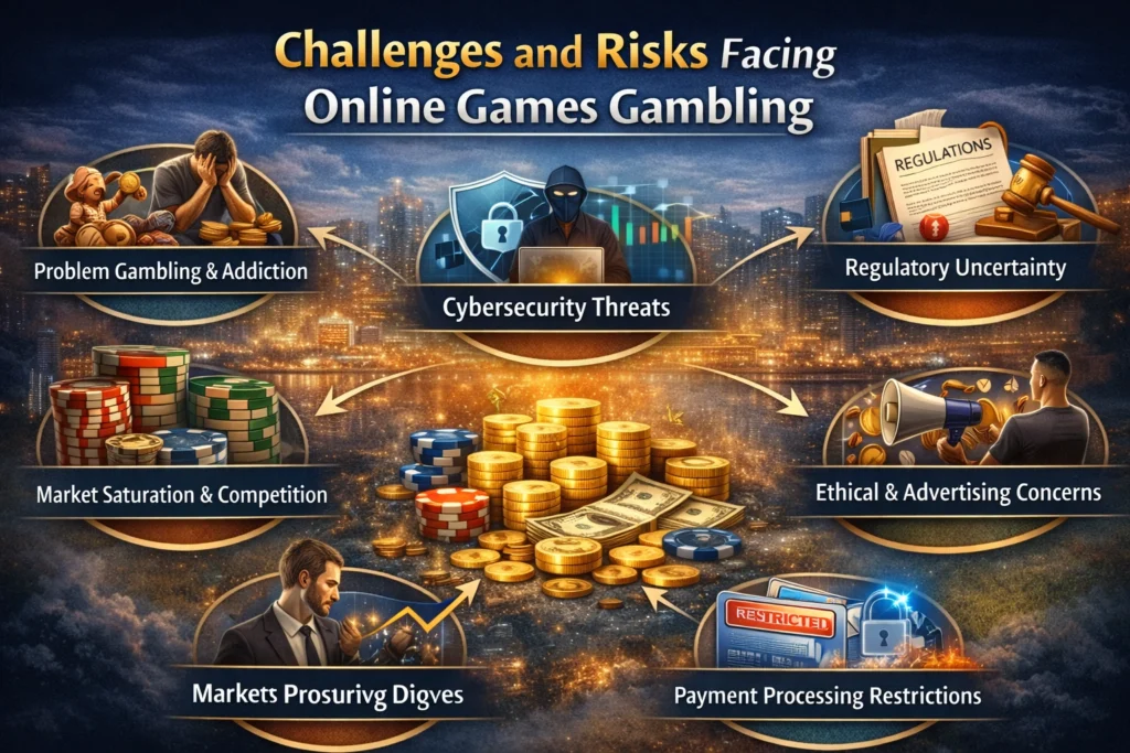 Challenges and Risks Facing Online Games Gambling infographic showing addiction, cybersecurity threats, regulatory uncertainty, and payment restrictions