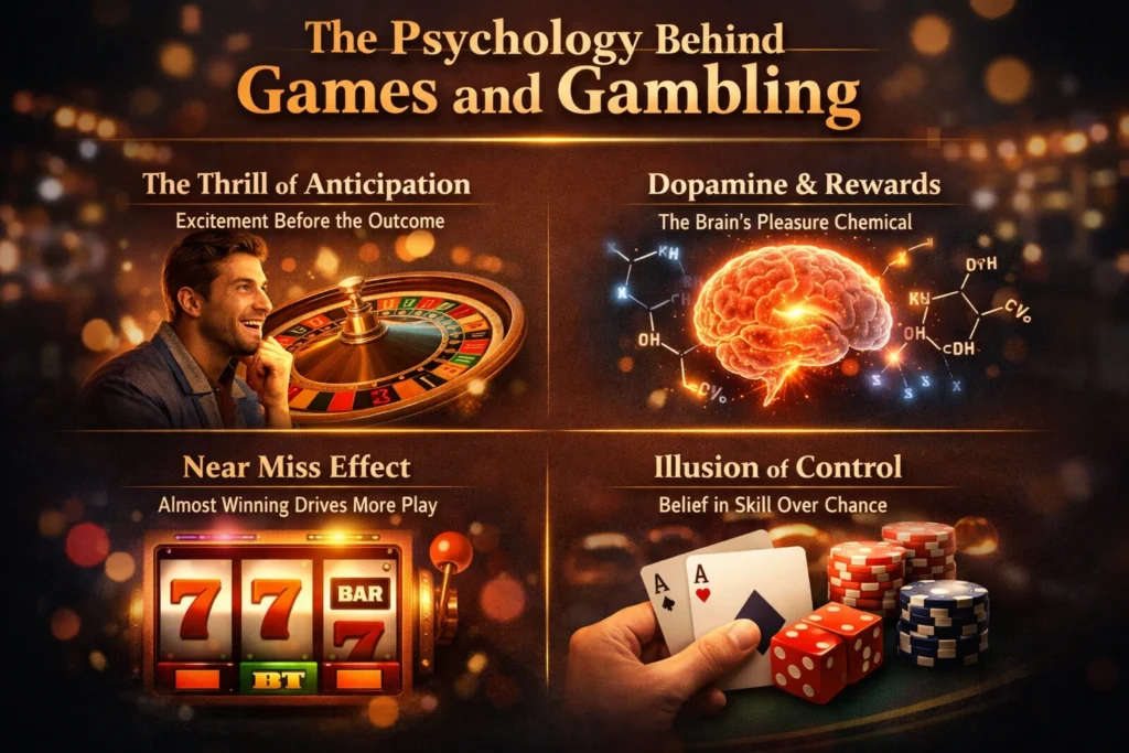 The Psychology Behind Games and Gambling infographic showing thrill, dopamine, near miss effect, and illusion of control