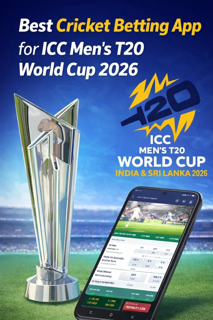 Best cricket betting app for T20 World Cup 2026 with live odds, mobile betting and cricket trophy banner