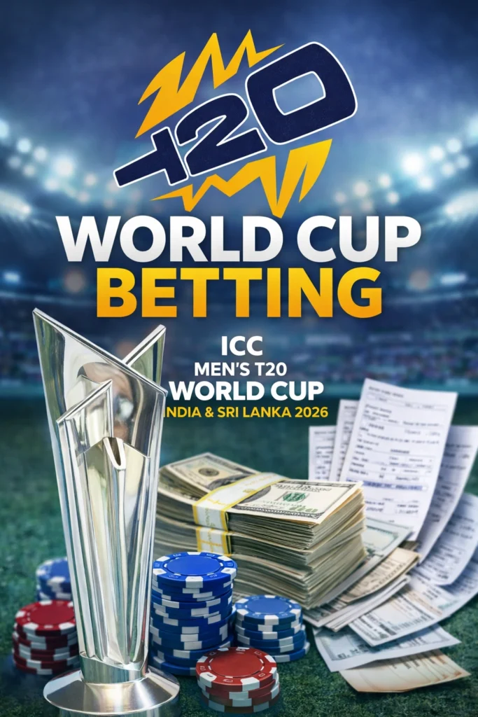 World Cup betting banner featuring ICC Men’s T20 trophy, cash, betting slips and casino chips in stadium background
