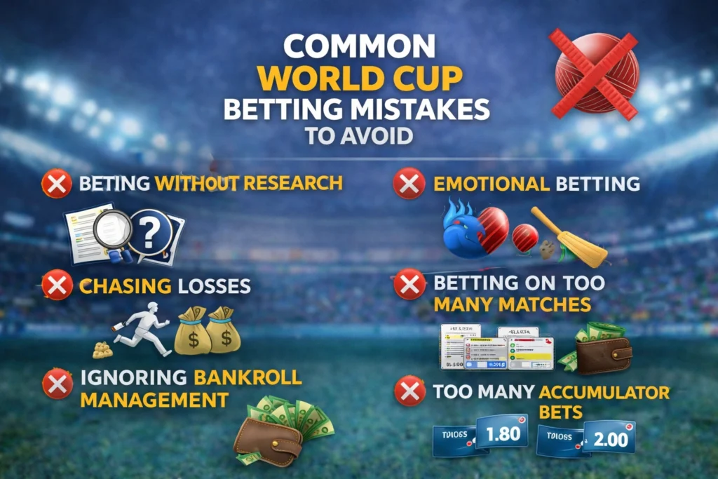 Common World Cup betting mistakes infographic showing emotional betting, chasing losses, bankroll mistakes and poor betting strategies