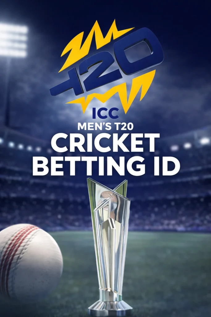Cricket betting ID promotional poster with T20 style logo, cricket trophy and stadium background