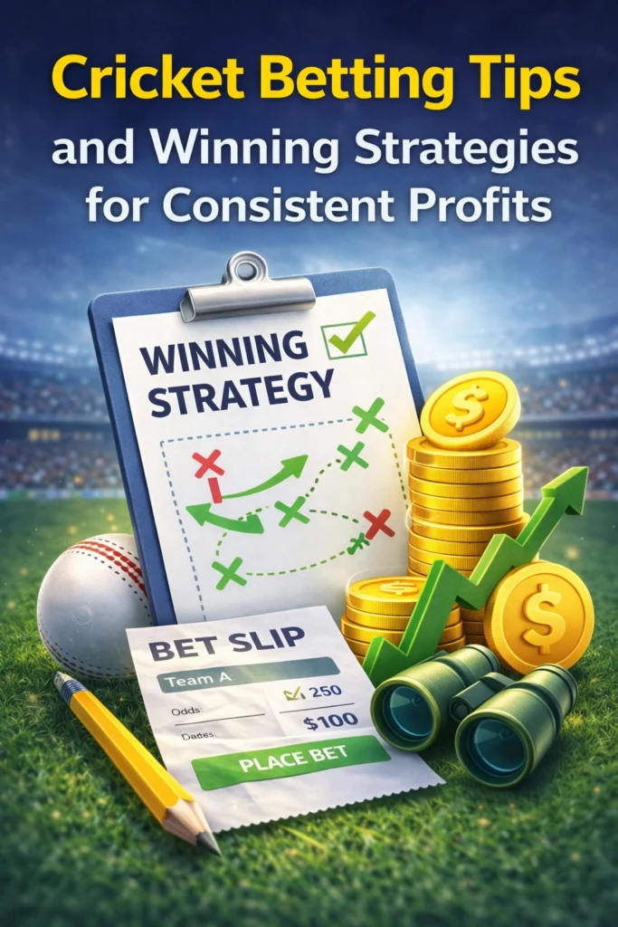 Cricket betting tips and winning strategies illustration showing betting plan, odds slip, coins and profit growth chart