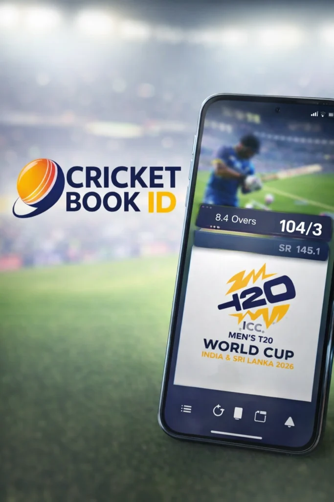Cricket Book ID live match interface showing T20 World Cup score on mobile screen
