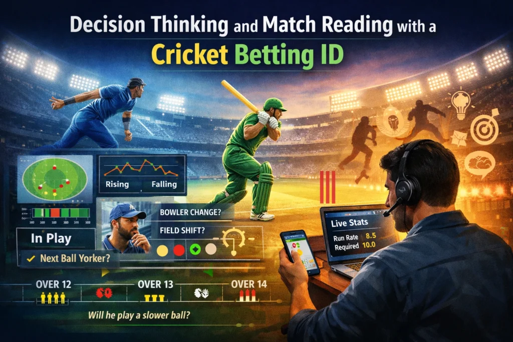 Person analyzing live cricket match strategy on screen with scoreboard and field placement graphics