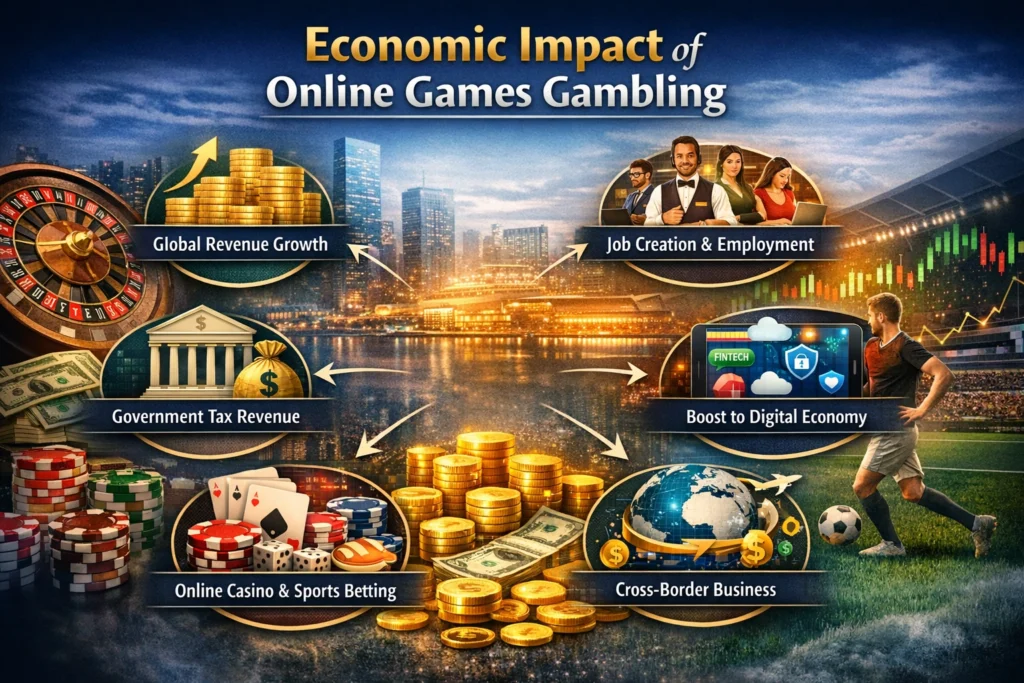 Economic Impact of Online Games Gambling infographic showing revenue growth, job creation, government tax revenue, and digital economy boost