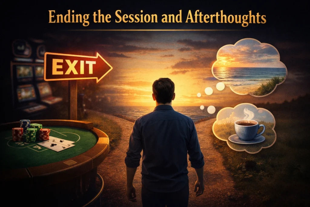 Ending the session and afterthoughts concept showing player leaving casino environment