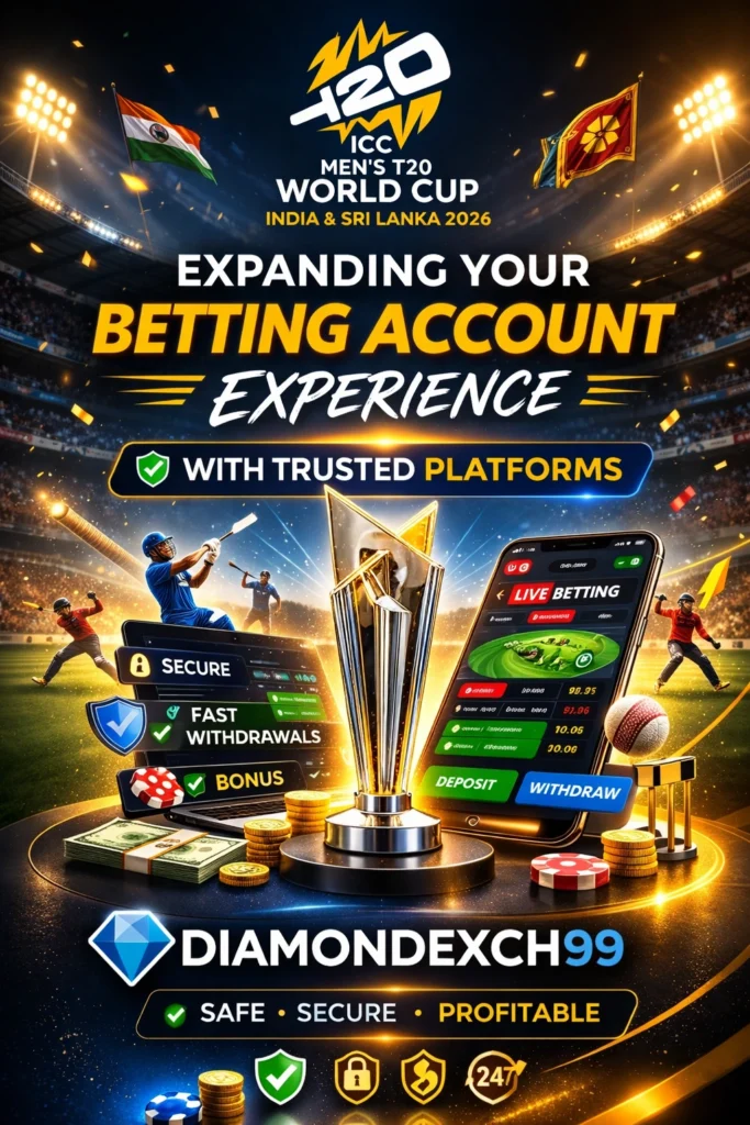 Expanding Your Betting Account Experience with Trusted Platforms banner featuring ICC Men’s T20 World Cup 2026 trophy and DiamondExch99 branding