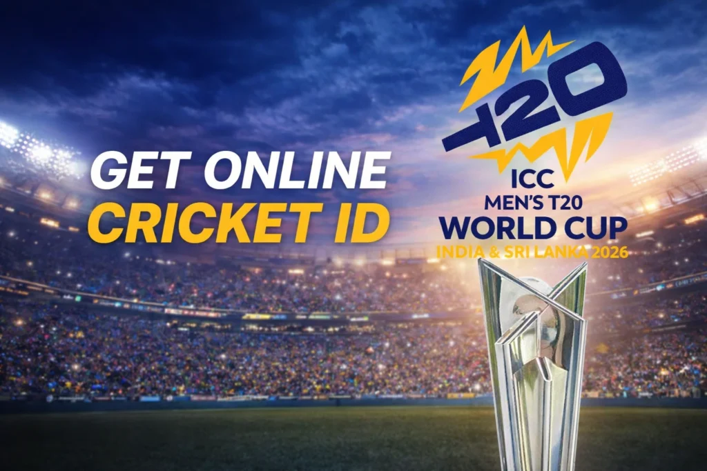 Get Online Cricket ID cricket dashboard with T20 World Cup stadium background
