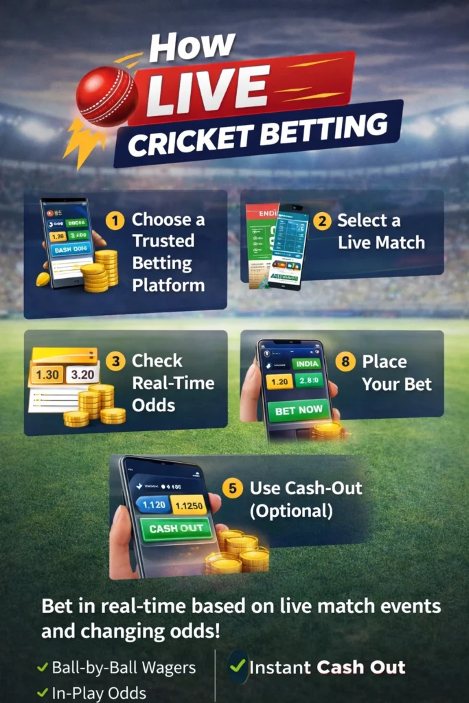 How live cricket betting works step-by-step with real-time odds and betting markets