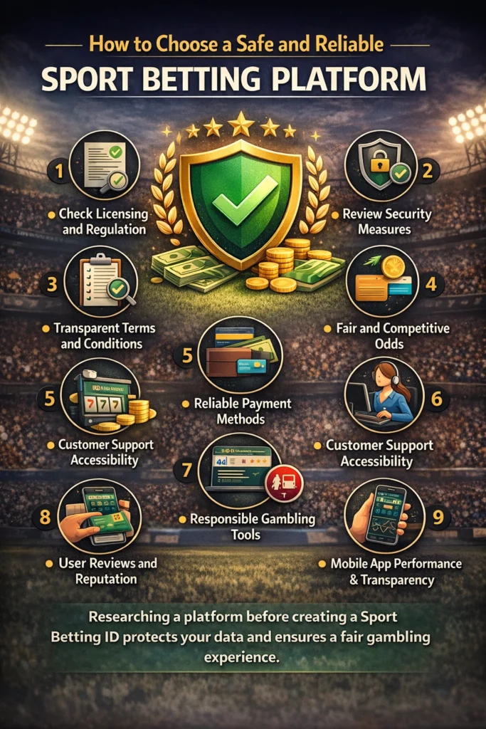 Infographic explaining how to choose a safe and reliable sport betting platform including licensing check, security measures, transparent terms, payment methods, customer support, and responsible gambling tools.