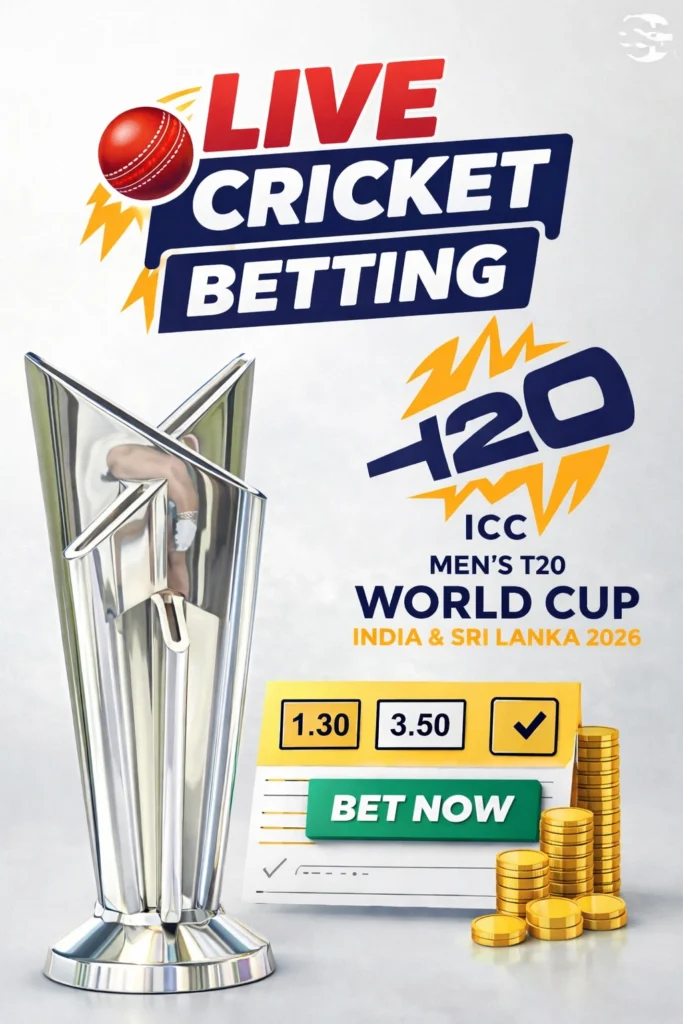 Live cricket betting promotion graphic showing ICC T20 World Cup 2026 trophy with betting odds and bet now button