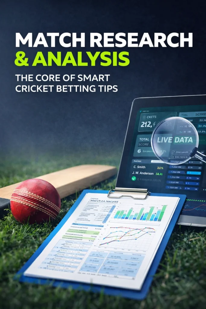 Match research and analysis for cricket betting tips with stats, pitch report and live data screen