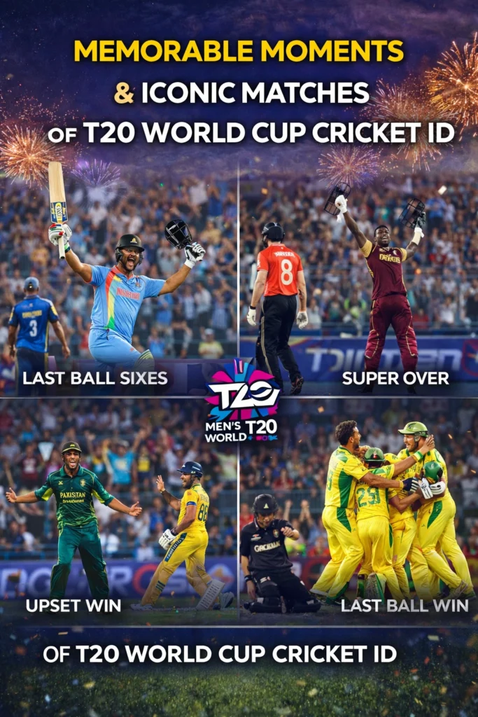 Memorable moments and iconic matches of T20 World Cup Cricket ID showing last ball sixes, super over thrillers and championship celebrations