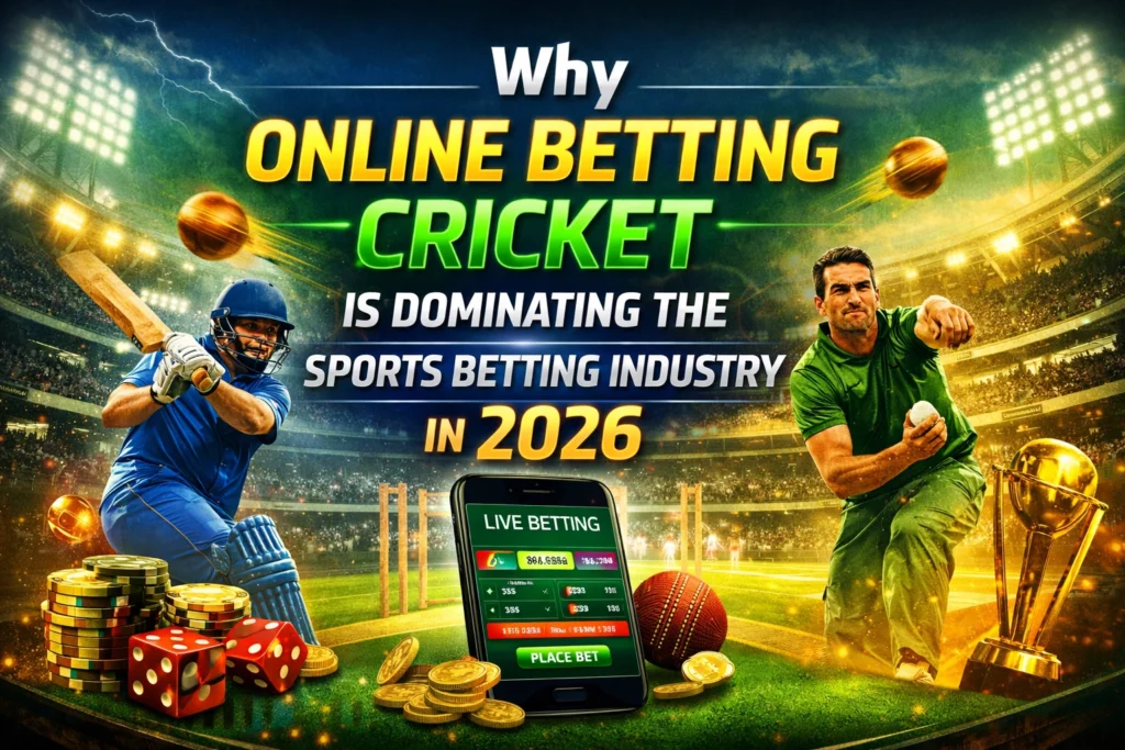 Why online betting cricket is dominating the sports betting industry in 2026 with live betting app, cricket players and stadium background
