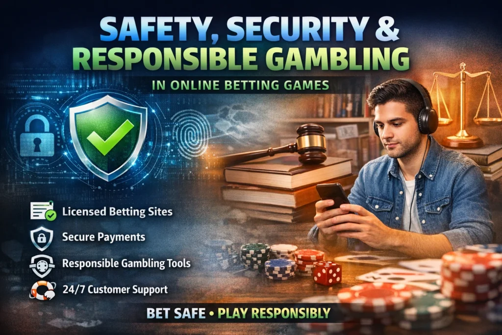 Safety and security in online betting games showing secure betting apps, shield protection icon, responsible gambling concept and safe payment methods