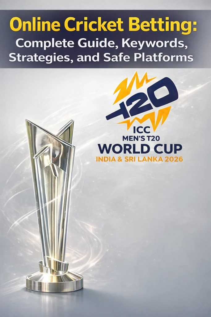 Online cricket betting guide banner with T20 World Cup trophy logo, cricket betting sites, live betting apps and safe betting platforms