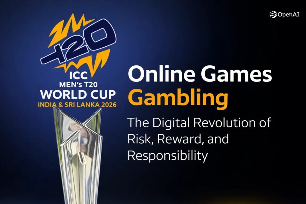 Online Games Gambling promotional banner with ICC Men’s T20 World Cup 2026 logo and trophy on dark blue background