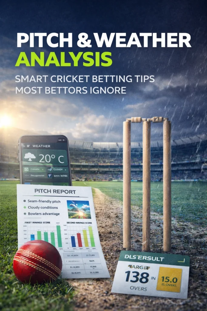 Pitch and weather analysis for cricket betting tips showing stadium, rain conditions, and pitch report