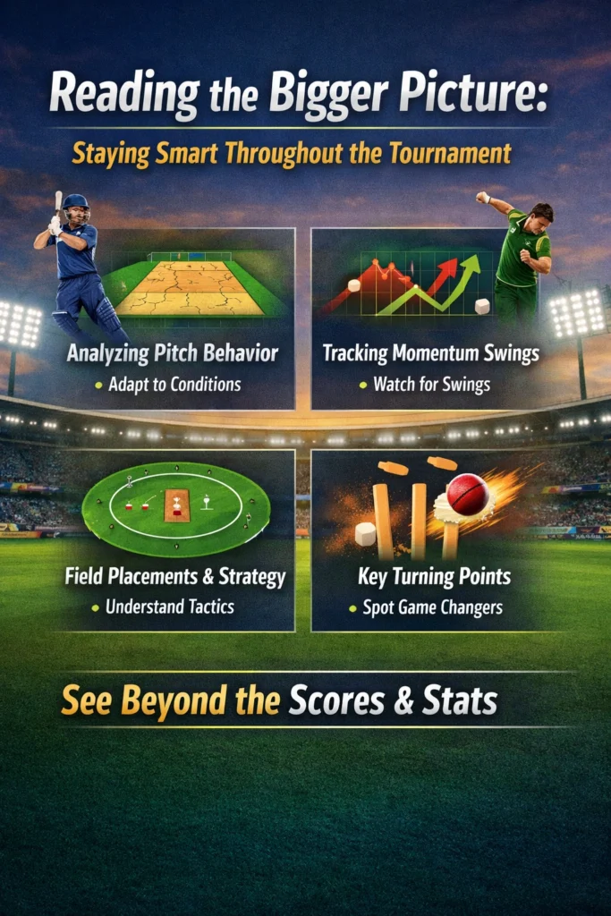 Reading the Bigger Picture section image for T20 World Cup Tips showing pitch analysis, momentum tracking and match strategy visuals