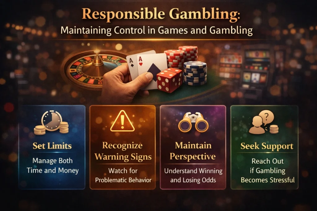 Responsible gambling infographic showing control strategies in games and gambling