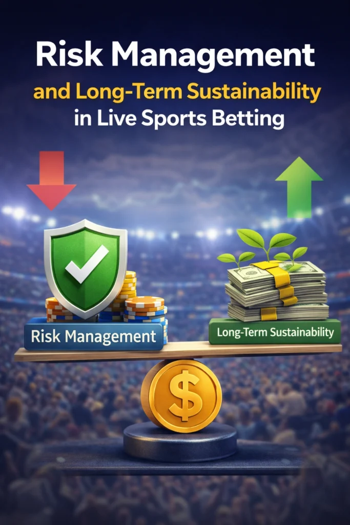 Risk management and long-term sustainability in live sports betting illustration with shield, money stacks, growth arrows, and balance scale concept