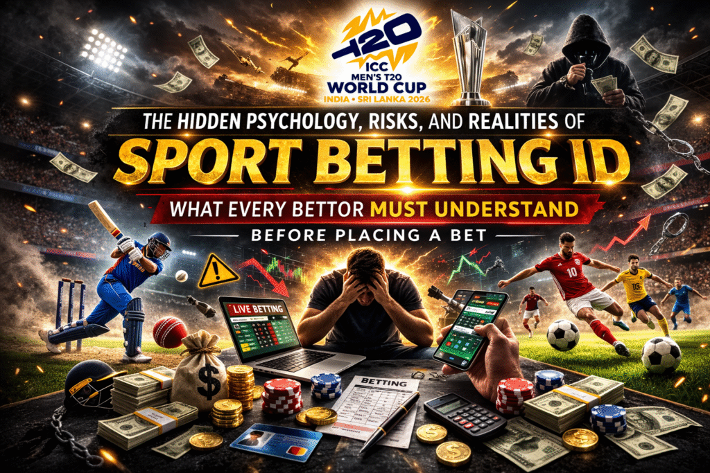 Sport Betting ID concept poster showing ICC T20 World Cup logo, betting risks, live odds screens, stressed bettor, money, and gambling warning visuals.