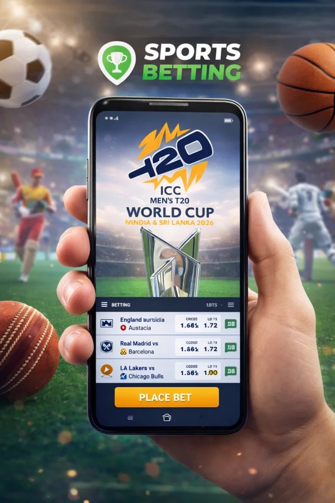 Sports betting app promotional banner showing ICC Men's T20 World Cup 2026 trophy with app branding and tournament announcement