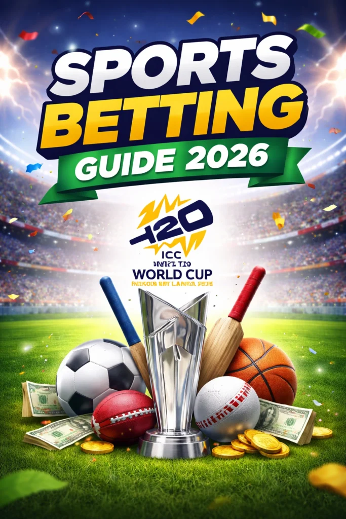 Sports betting guide 2026 banner with stadium background, trophy, football, cricket bat, basketball and betting theme