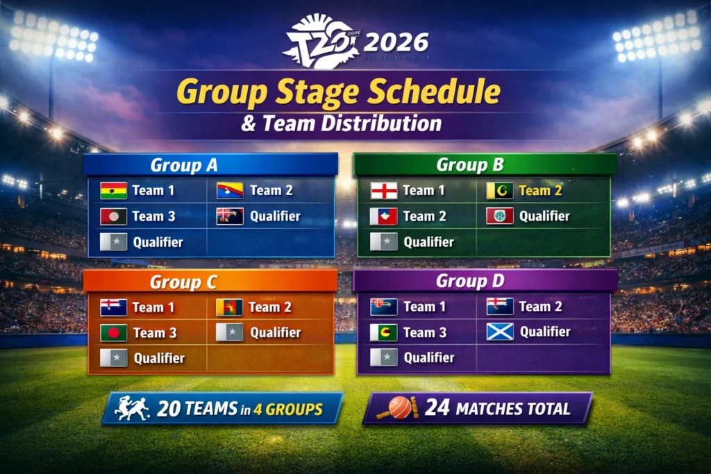 T20 World Cup 2026 Group Stage Schedule and Team Distribution with 4 groups and match details