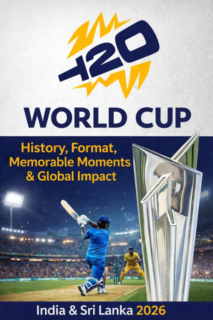 T20 World Cup cricket poster featuring the championship trophy, batsman hitting a six in a packed stadium, and headline about history, format, memorable moments and global impact of T20 cricket.