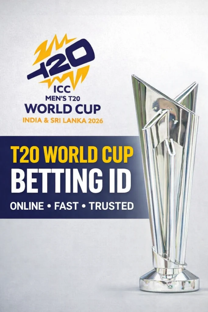 T20 World Cup betting ID online banner with cricket trophy and live cricket exchange betting promotion