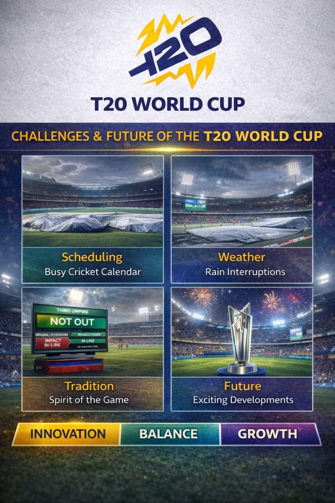 T20 World Cup infographic showing challenges and future growth including scheduling issues, weather interruptions, technology decisions, cricket trophy and stadium fireworks.