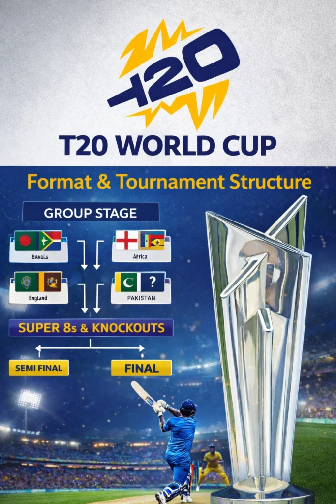 T20 World Cup format and tournament structure graphic showing group stage, Super 8s, knockout rounds, semi-final, final, cricket trophy and stadium action.